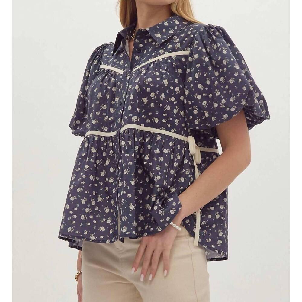 NEW ENTRO floral bubble sleeve bow top in navy - Picture 5 of 8